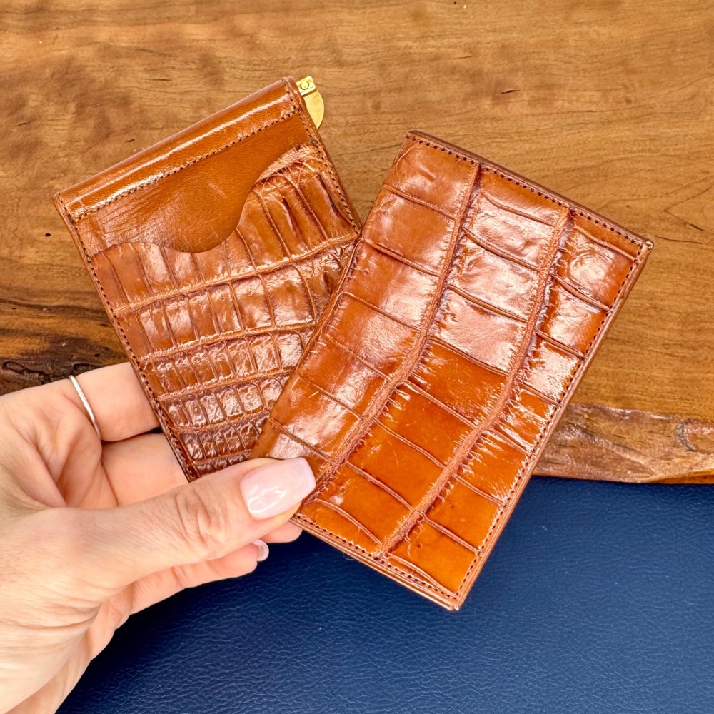 Vintage Tan Crocodile Leather Wallet and Spring Bar Money Clip Set Cognac Gold